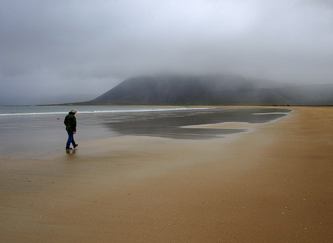 Man walking on beach in Iceland